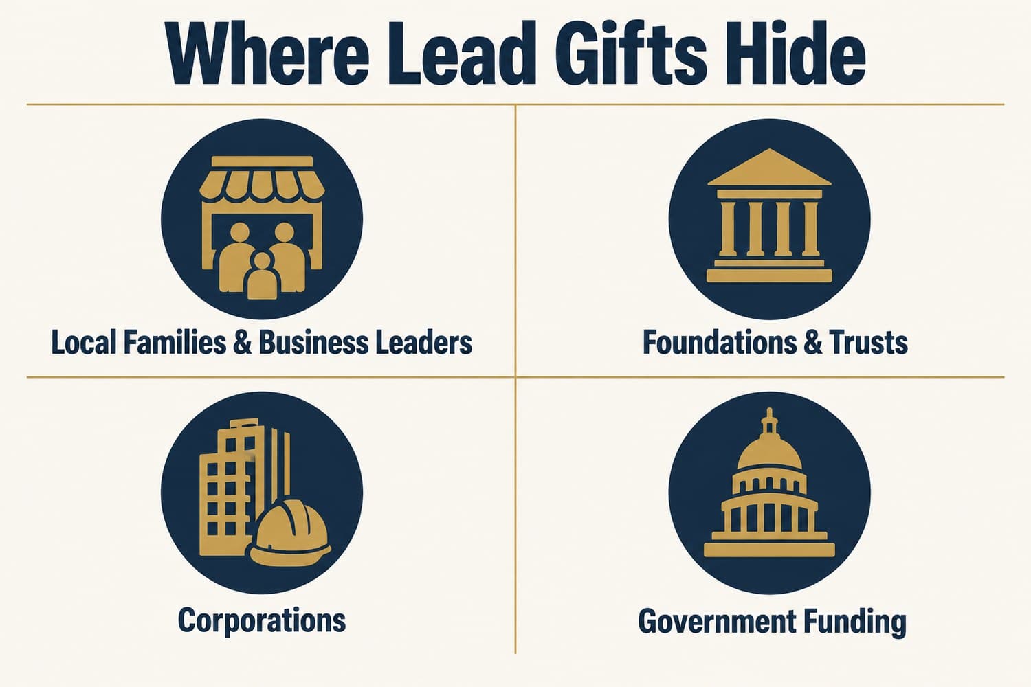 Graphic: four places to look for lead gifts, local families and business leaders, foundations and trusts, corporations, and government funding