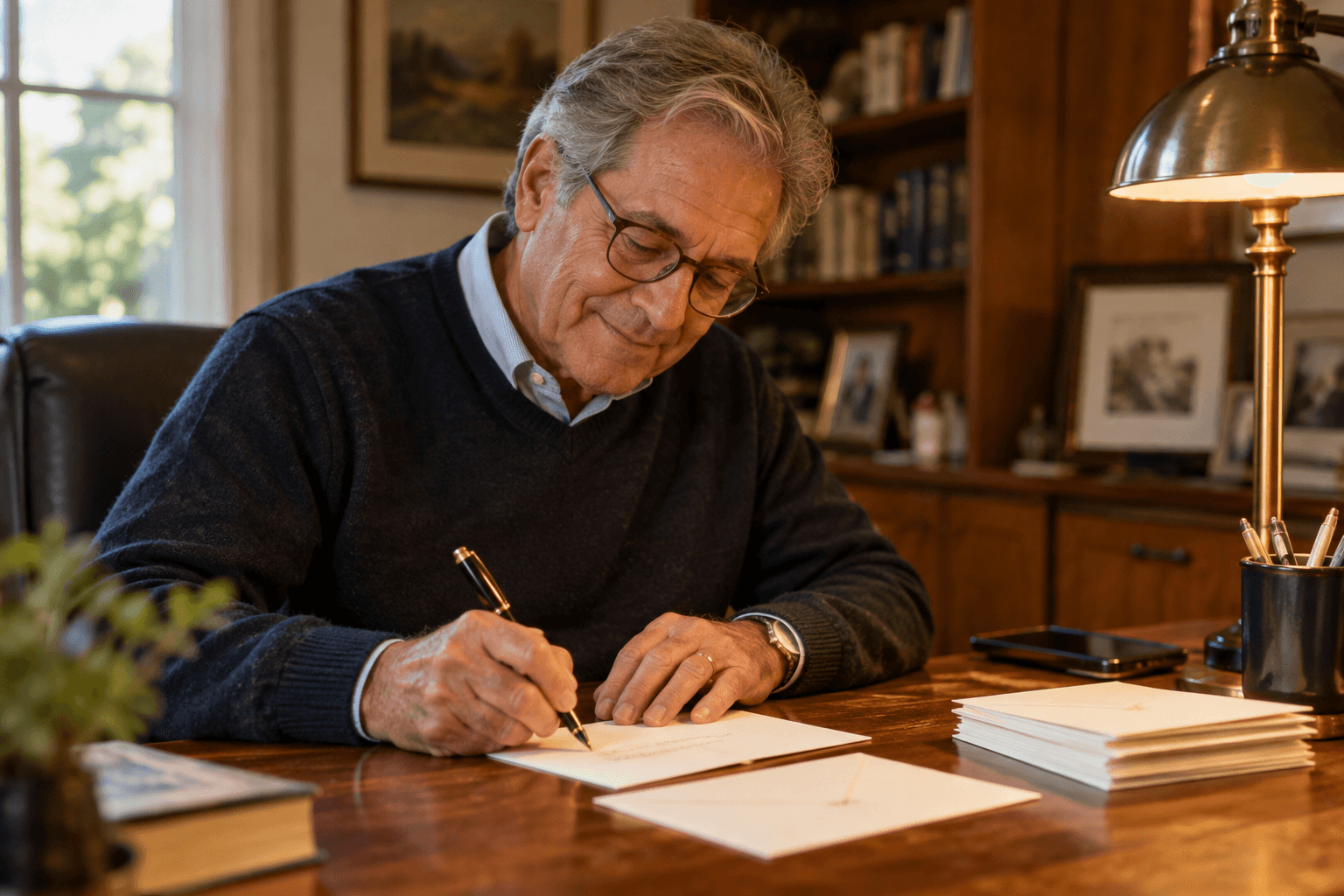 A fundraiser handwriting a thank-you card at his desk, with envelopes and a phone nearby