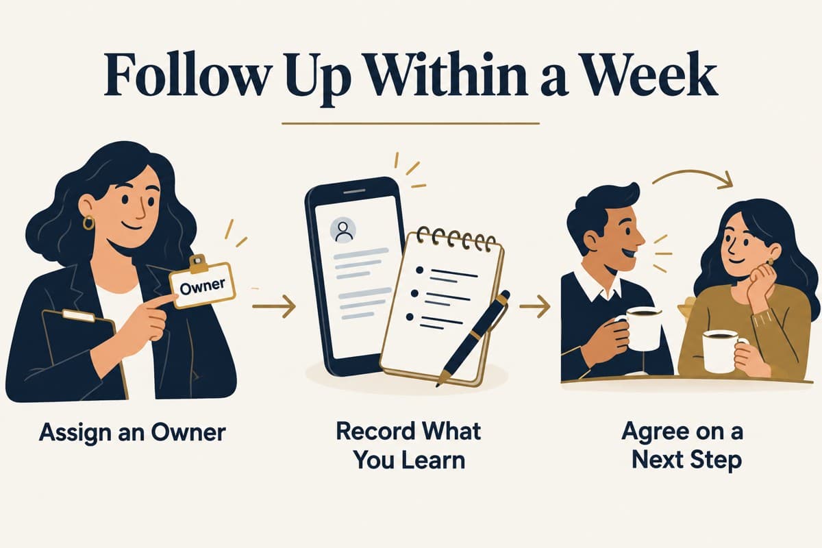 Follow up within a week: assign an owner, record what you learn, and agree on a next step