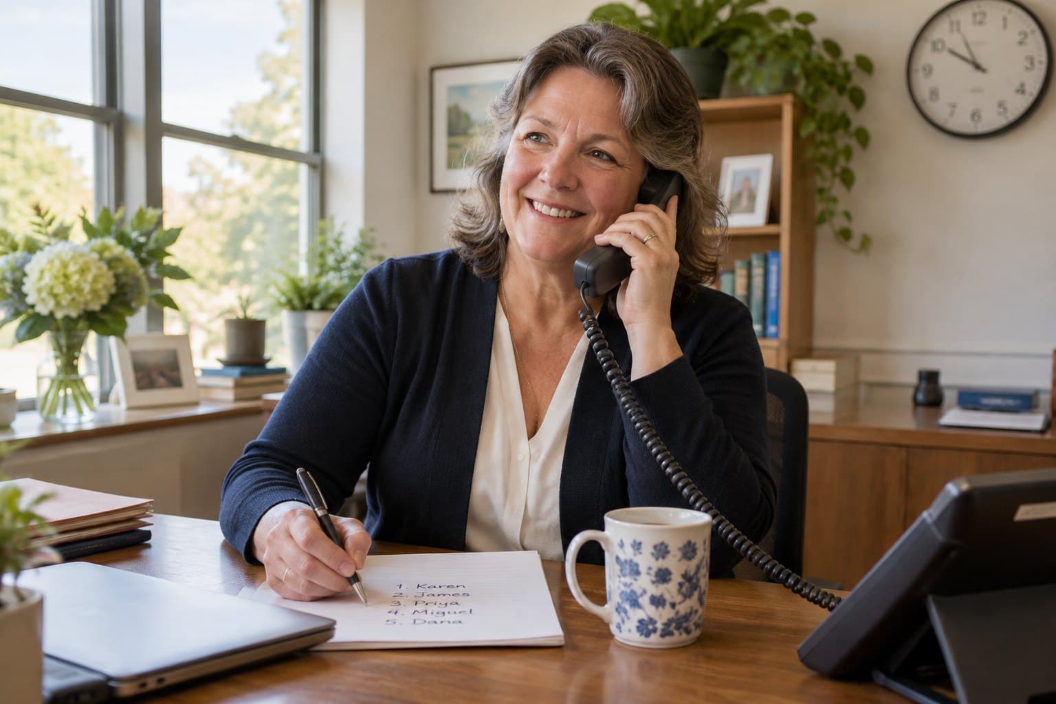 An experienced fundraiser smiling on a desk phone in the morning, a handwritten list of five donor names beside her