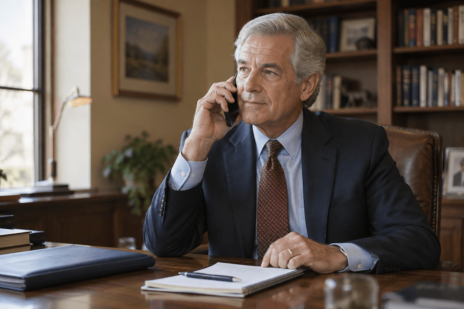 A gray-haired planned giving professional on a phone call at a wooden desk with a notepad