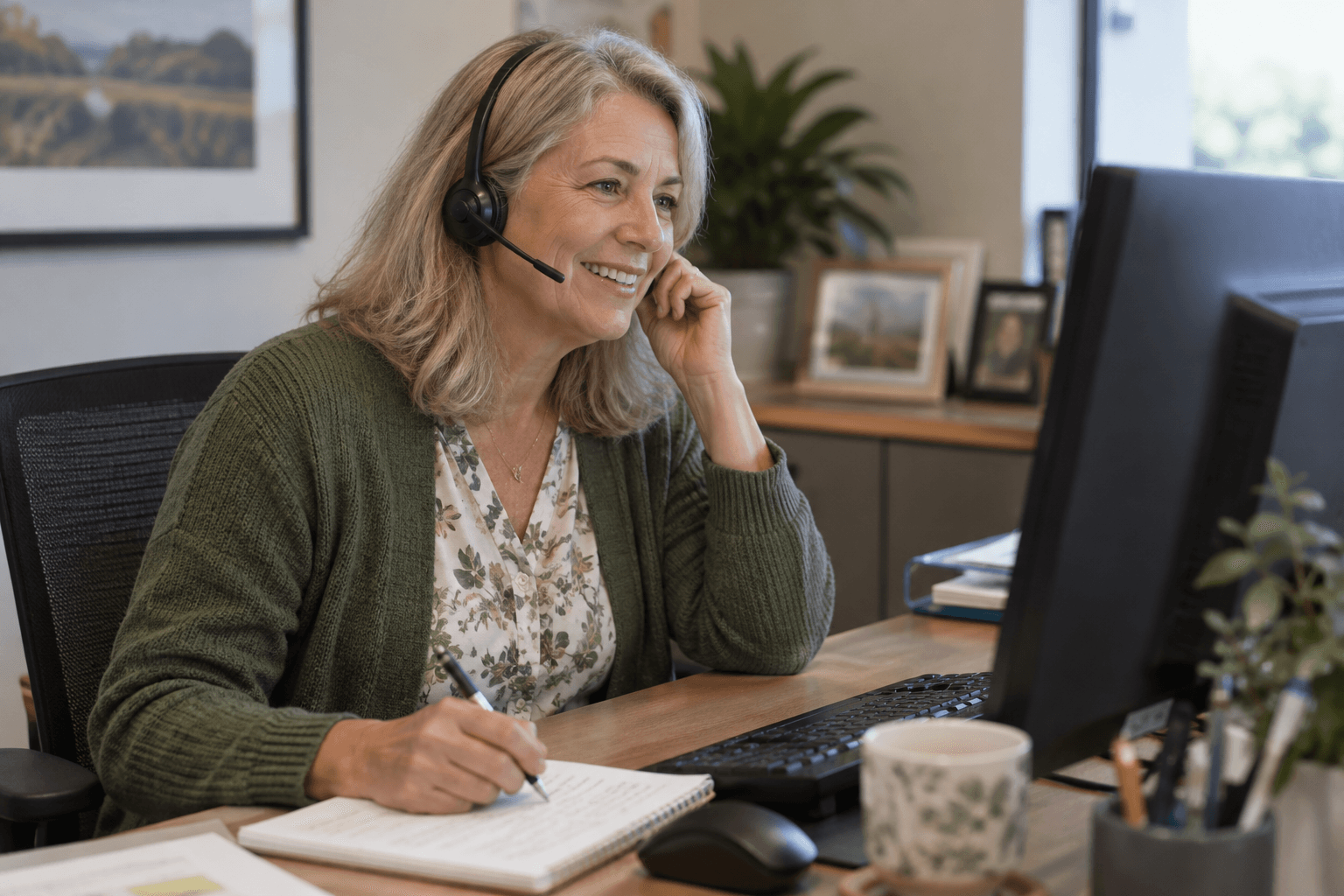 An experienced fundraising caller wearing a headset, smiling while reading a donor record on her monitor