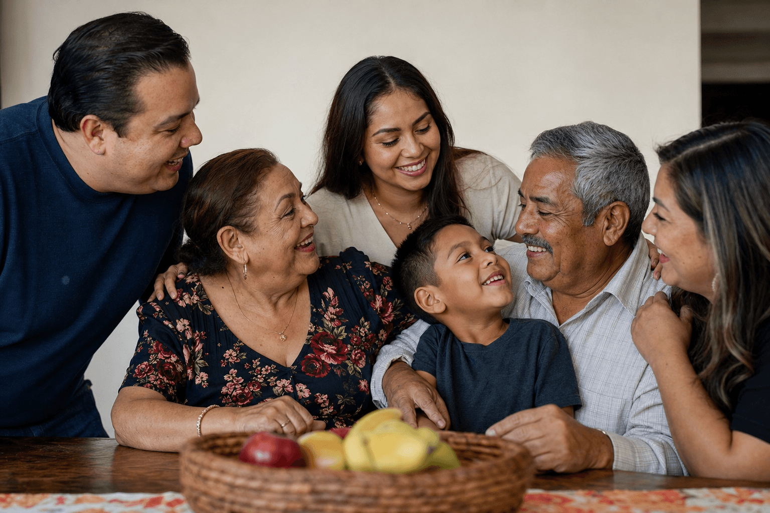 A warm multigenerational Latino family gathered together, symbolizing family, community, and generosity
