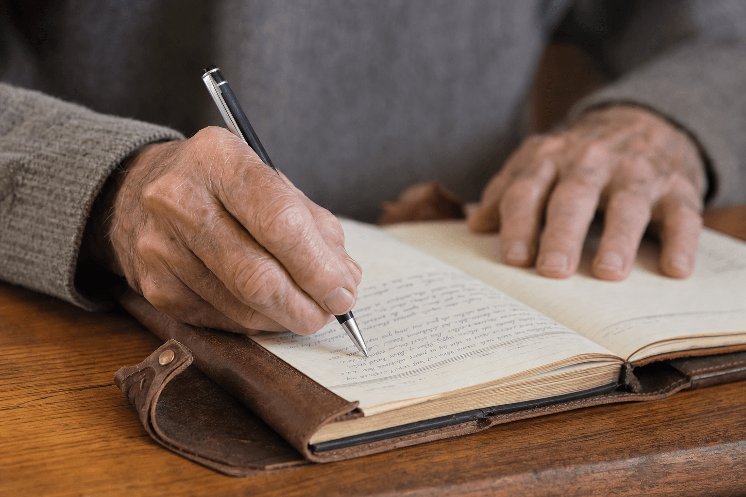 A donor's hands writing in a personal journal, symbolizing legacy and planned giving