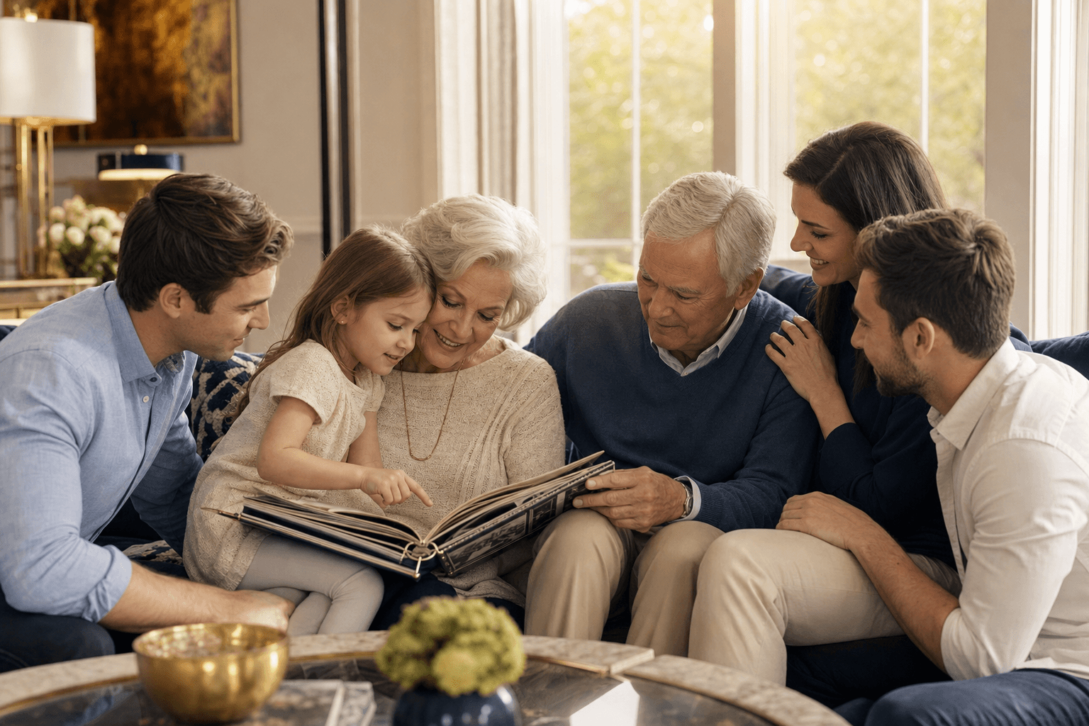 A multigenerational family looking through a photo album together, symbolizing the great wealth transfer in philanthropy