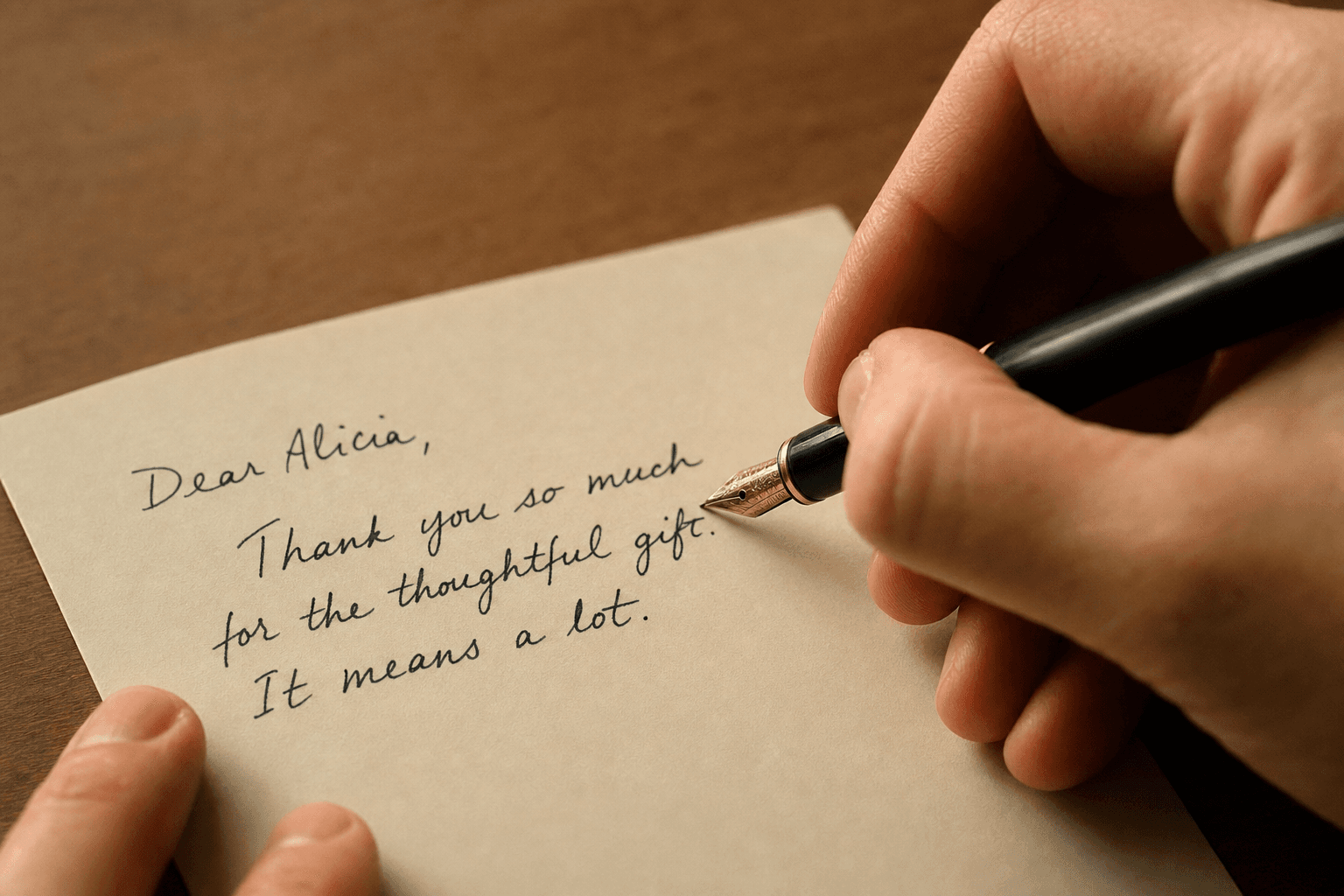 A fundraising officer writing a handwritten thank-you note, symbolizing donor stewardship