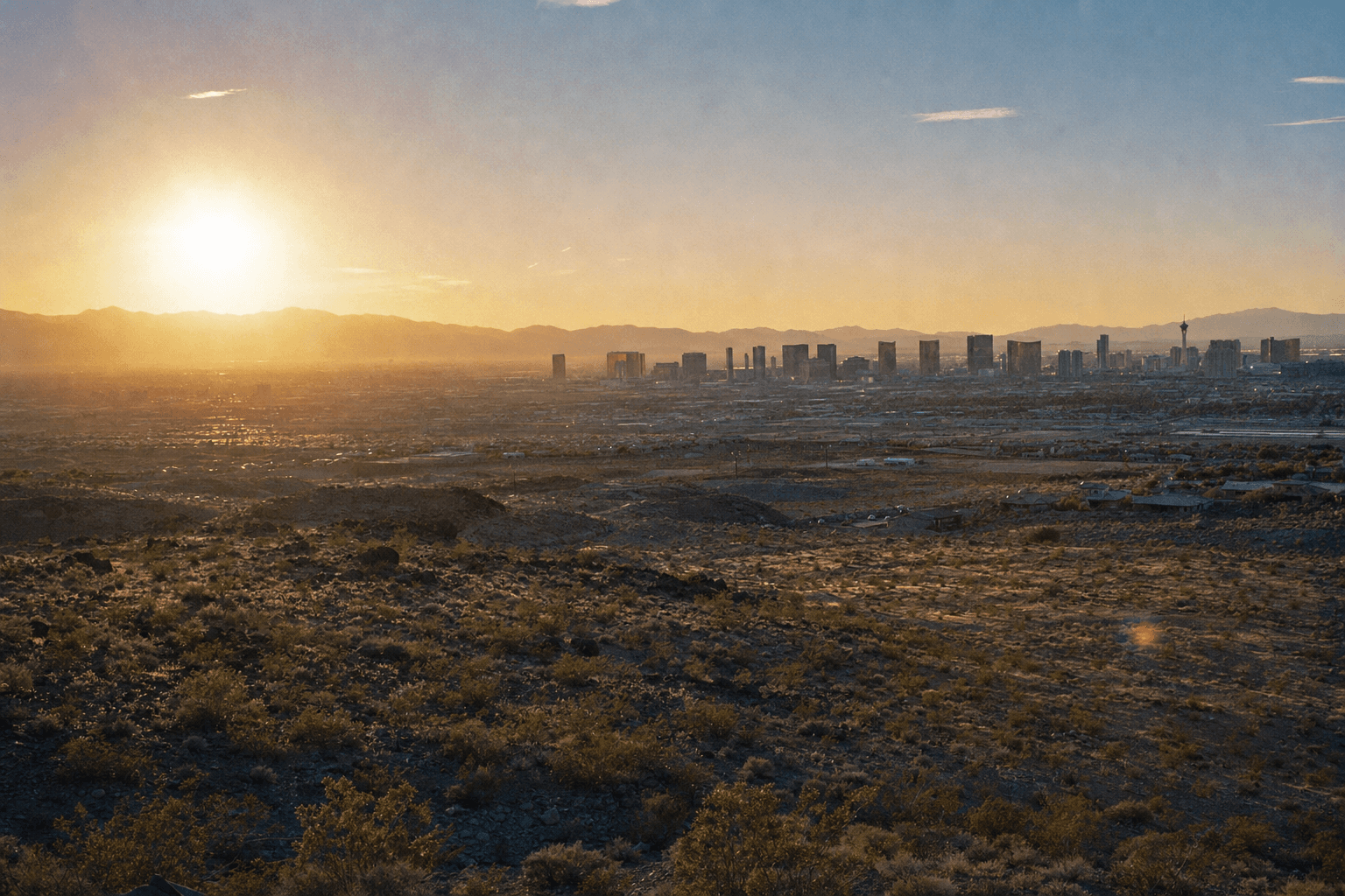 A desert landscape transitioning into a modern city skyline at golden hour, evoking Nevada's growth