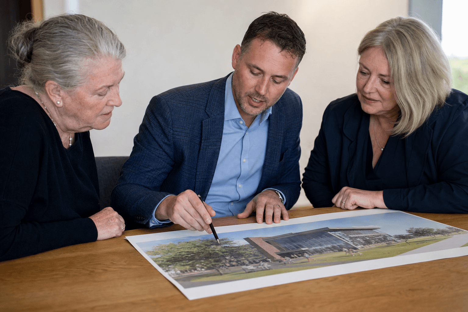 A campaign steering committee meeting with an architectural rendering of a capital project