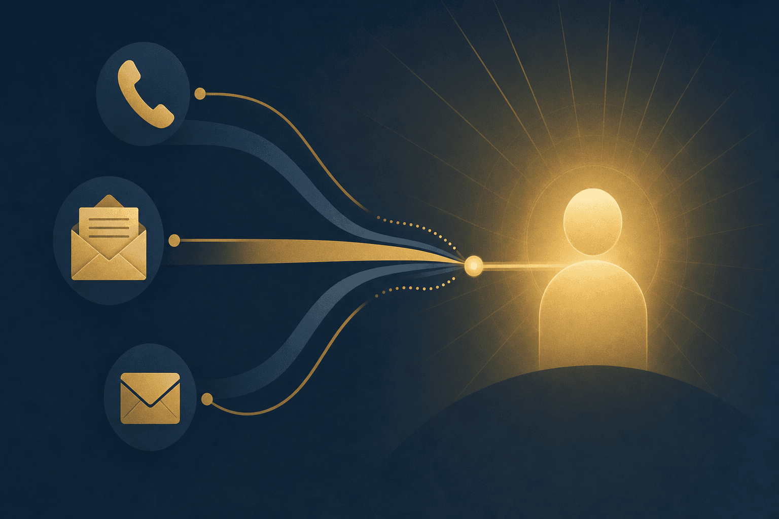 Illustration of multiple communication channels, phone, mail, and email, converging toward a single donor